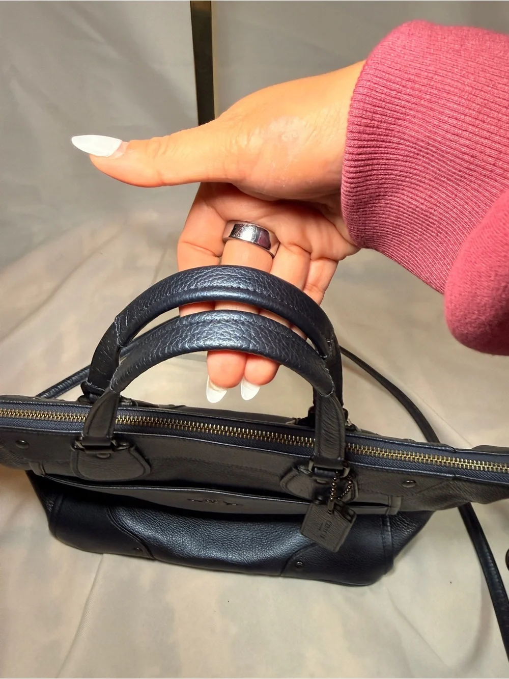 Coach Mickie Metallic Blue Pebbled Leather Tote with Removable Strap